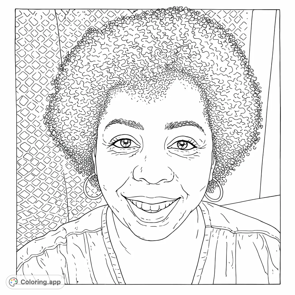 A beautiful portrait of a smiling woman with voluminous hair and hoop earrings, set against a patterned background. An engaging human portrait coloring page.