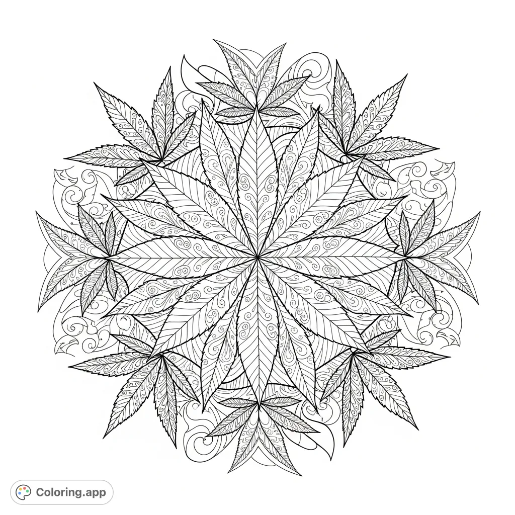 Explore an intricate, psychedelic mandala featuring stylized cannabis leaves in dynamic patterns, offering a captivating challenge for adult colorists.