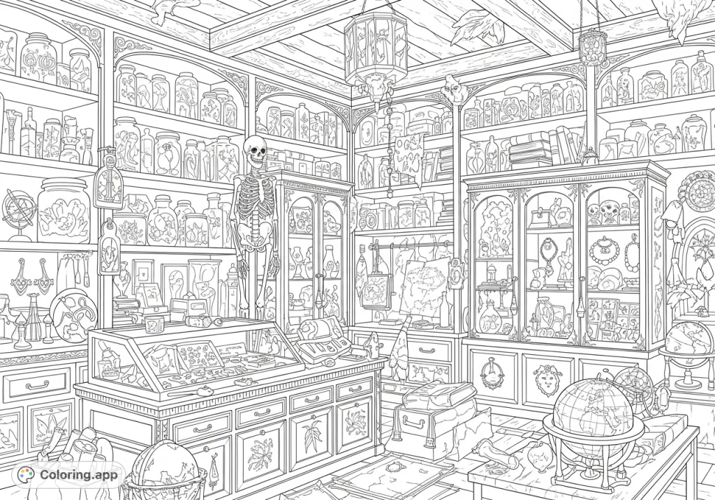 Explore a fascinating oddities shop filled with antique objects, mysterious artifacts, old books, and unique curiosities. A detailed scene for endless coloring fun!