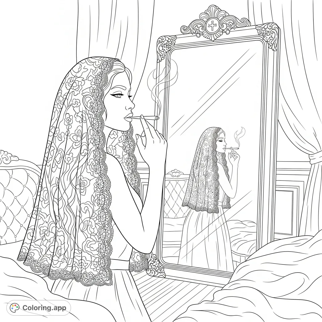 An intimate erotic boudoir scene featuring a woman, a detailed mirror, a joint, and an elegant lace veil, perfect for adult coloring pages.
