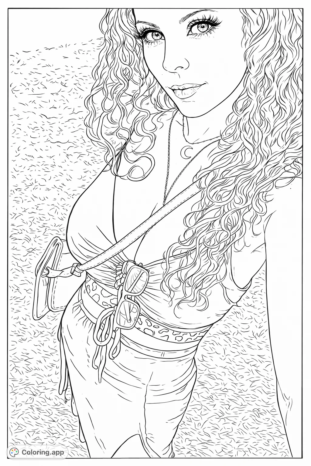 A modern woman with abundant curly hair, a stylish outfit featuring an animal print detail, and accessories, captured in a detailed outdoor portrait.