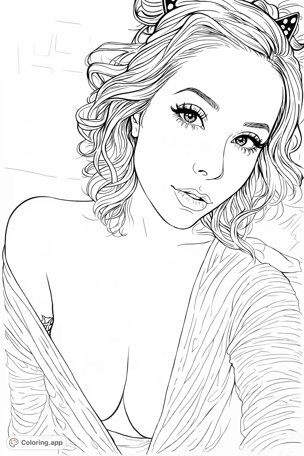 A captivating portrait of a woman with elaborate, curly hair and a unique headband, draped in a flowing garment, perfect for detailed coloring.