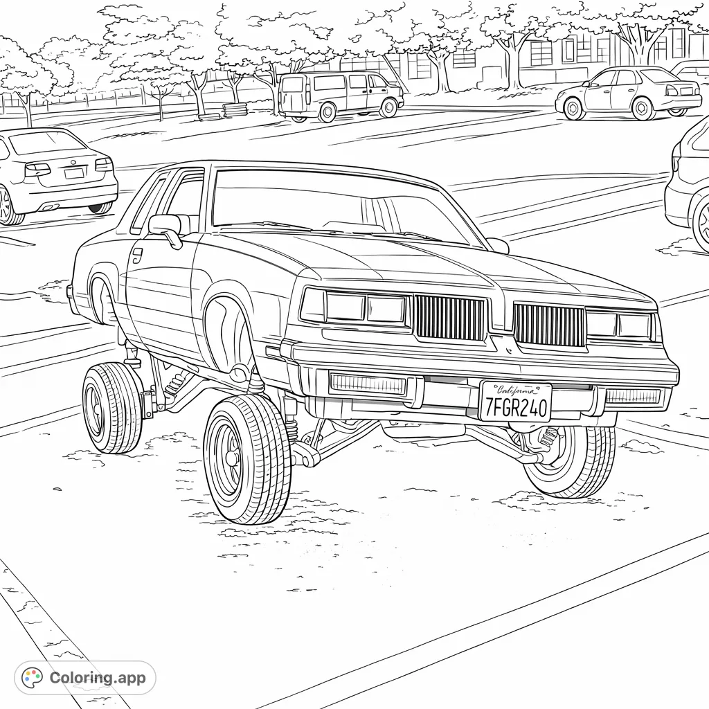 A striking lowrider car, front wheels lifted high, showcases its custom design, wire wheels, and pinstriping in a wet parking lot. Perfect for car enthusiasts!