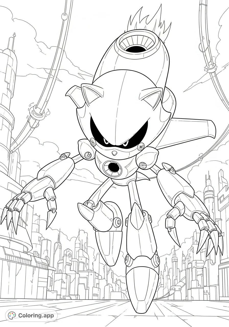 Unleash your creativity on this detailed Metal Sonic coloring page, featuring the iconic robot in a powerful, mid-air pose against a futuristic cityscape.