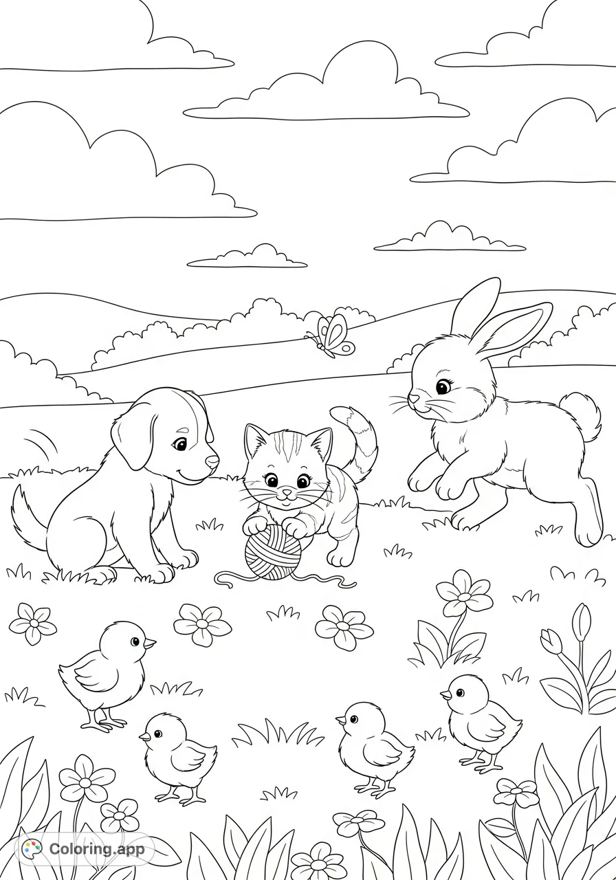 An adorable coloring page featuring puppies, kittens, bunnies, and chicks playing together in a whimsical natural setting. Perfect for young animal lovers!