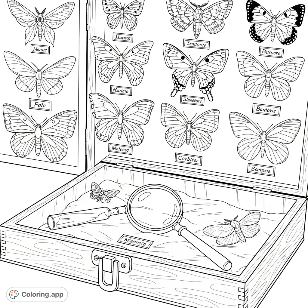 Explore a detailed butterfly display case featuring exquisitely preserved insects with spread wings, scientific labels, and antique tools. A challenging butterfly coloring page for adults.
