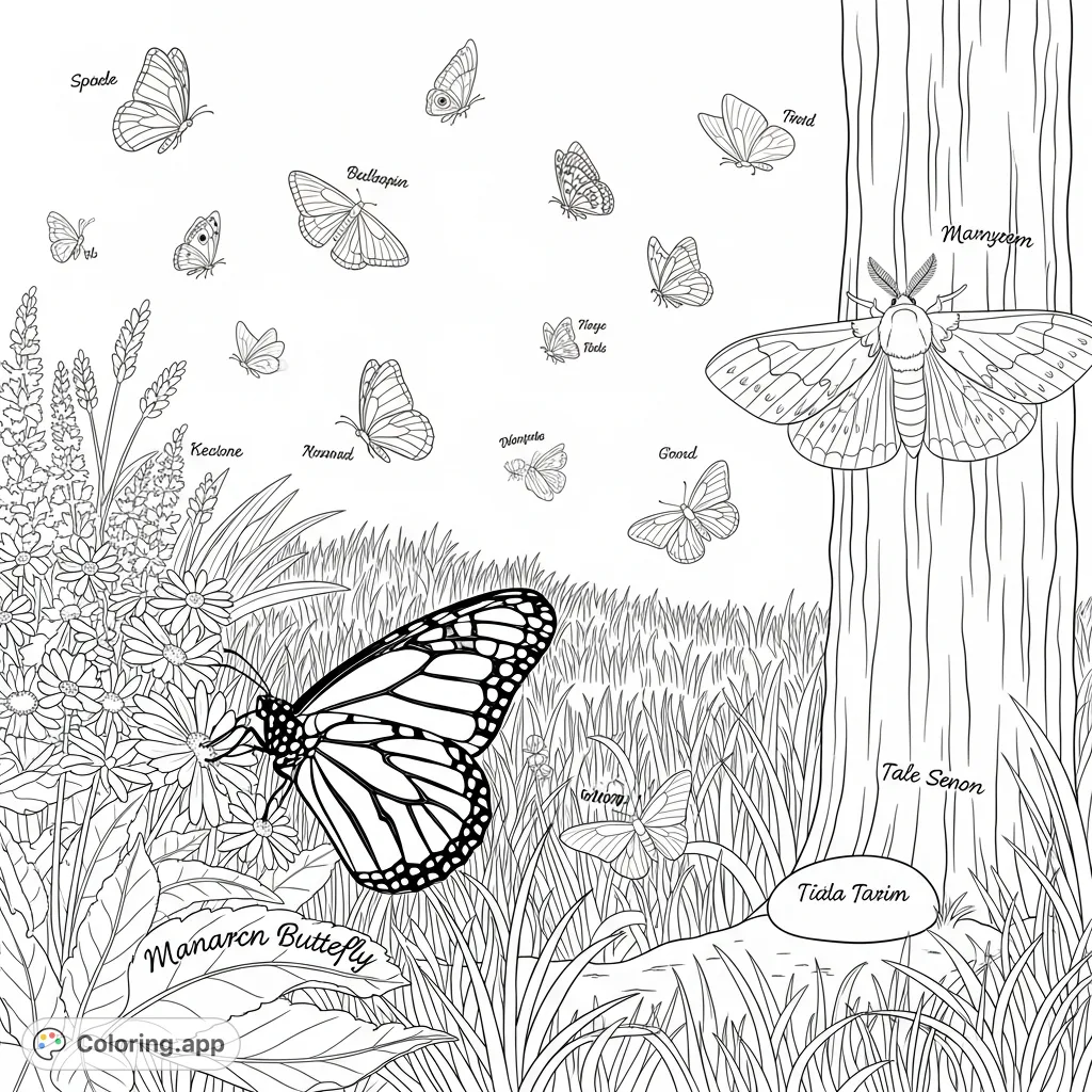 Explore a detailed meadow scene bustling with diverse butterflies and moths. Discover scientific names hidden on leaves and stones, inviting a journey of nature discovery.
