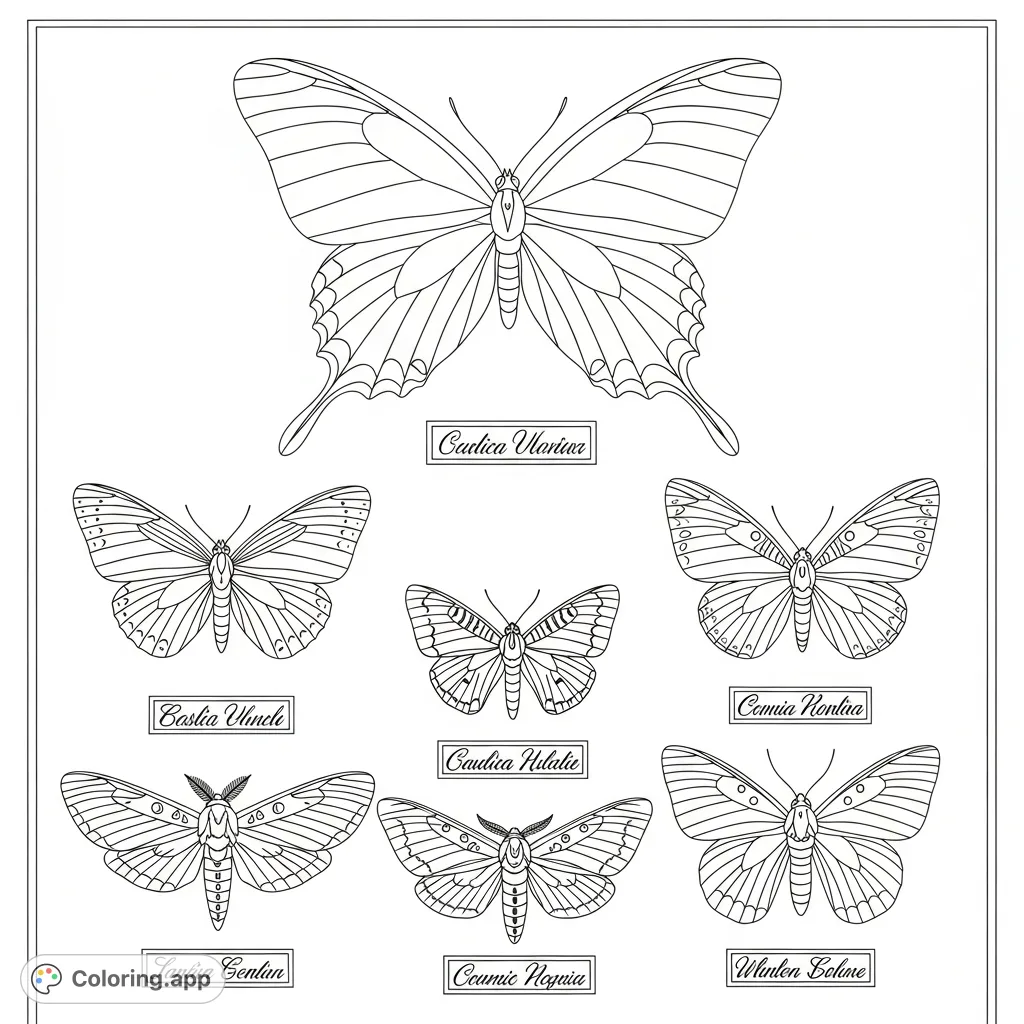 A detailed collection of meticulously pinned butterflies and moths, arranged on a study board with scientific labels, perfect for nature enthusiasts.
