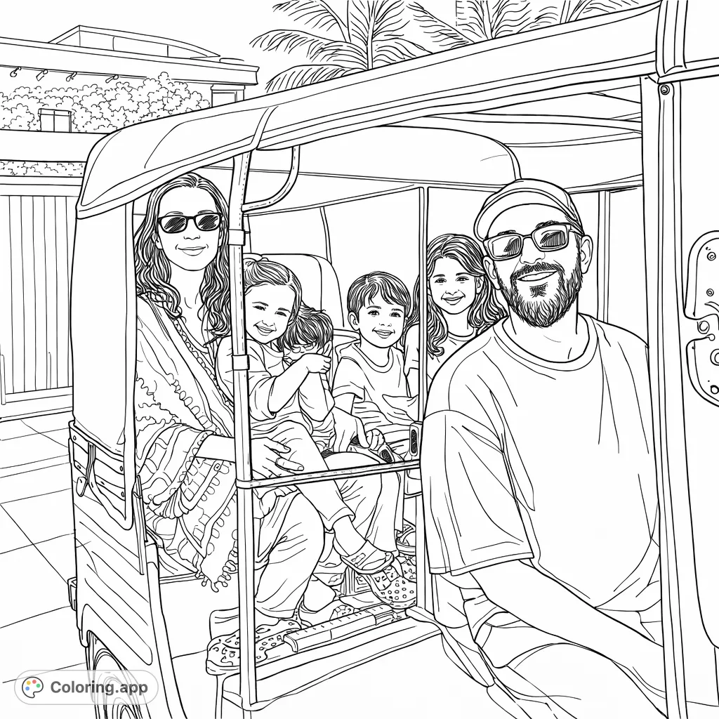 Join a joyful family on their rickshaw adventure! This coloring page features smiling faces, a unique vehicle, and patterns for creative expression.