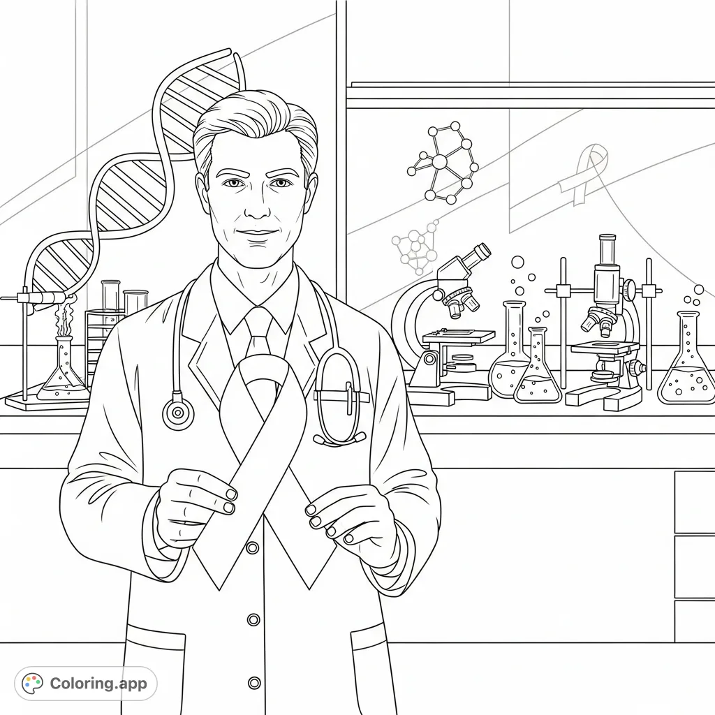 A powerful breast cancer medical scene with a doctor, awareness ribbon, and lab equipment, symbolizing hope and medical research. Perfect for adults.