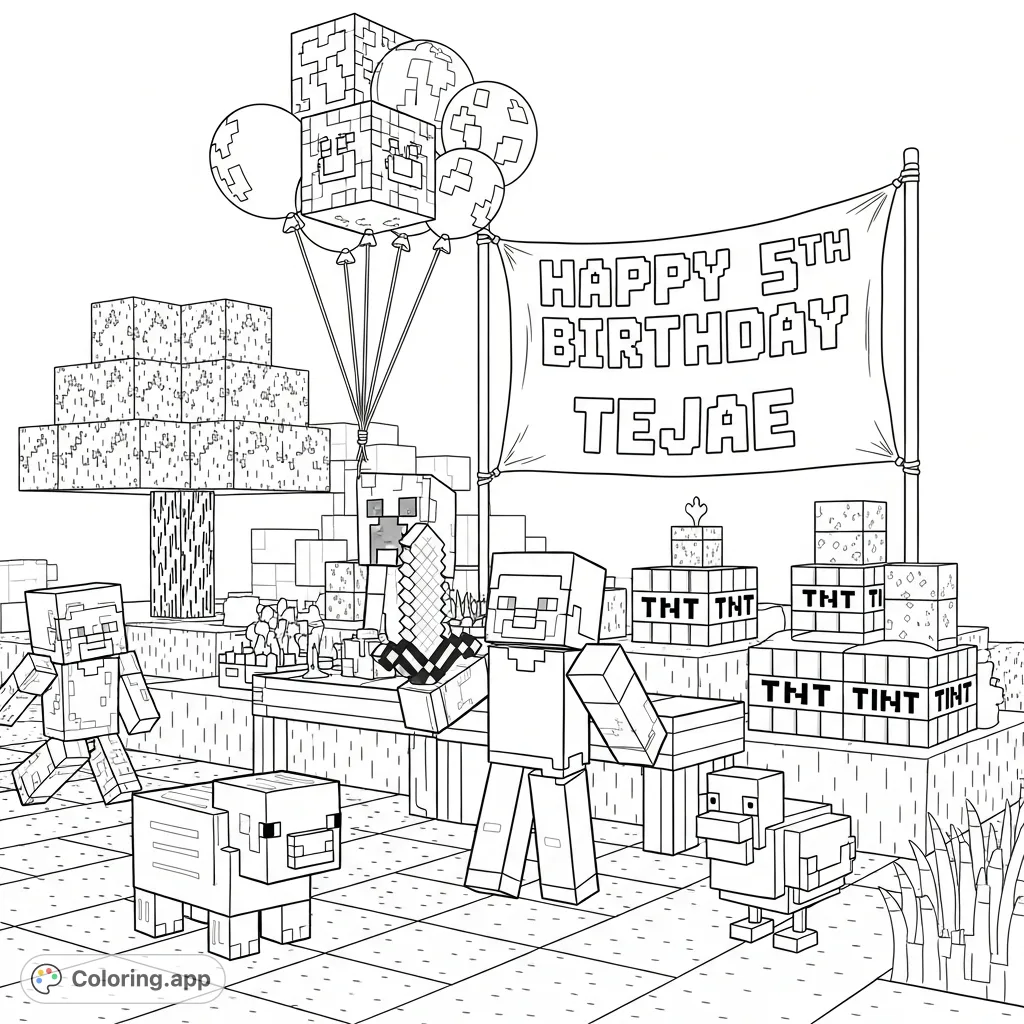 A fun Minecraft-themed coloring page for TeJae's 5th birthday, featuring Steve, a Creeper, and blocky party elements with a personalized message.