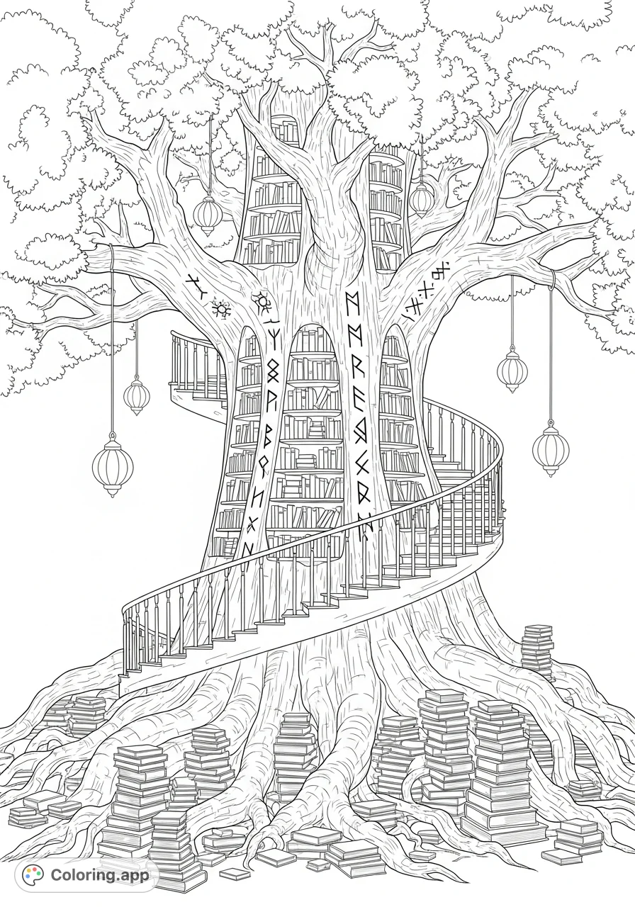 Explore a magical ancient tree library coloring page, featuring carved bookshelves, glowing runes, and a winding staircase. An enchanting world awaits your colors.