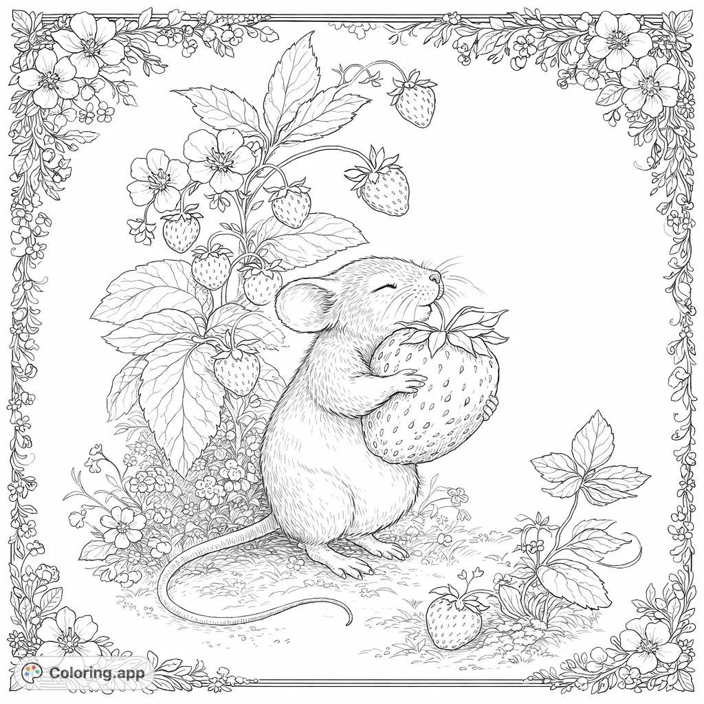 A charming mouse happily cradles a large berry amidst a lush patch of strawberry plants with delicate flowers and additional decorative floral elements.