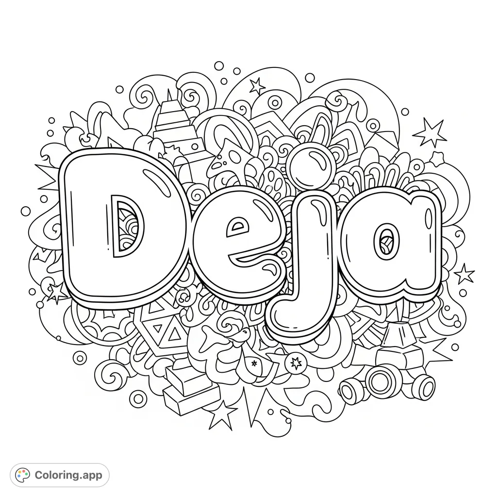 Color "Deja" in fun, puffed bubble letters against a captivating backdrop of abstract geometric and organic patterns. A personalized and vibrant coloring page!
