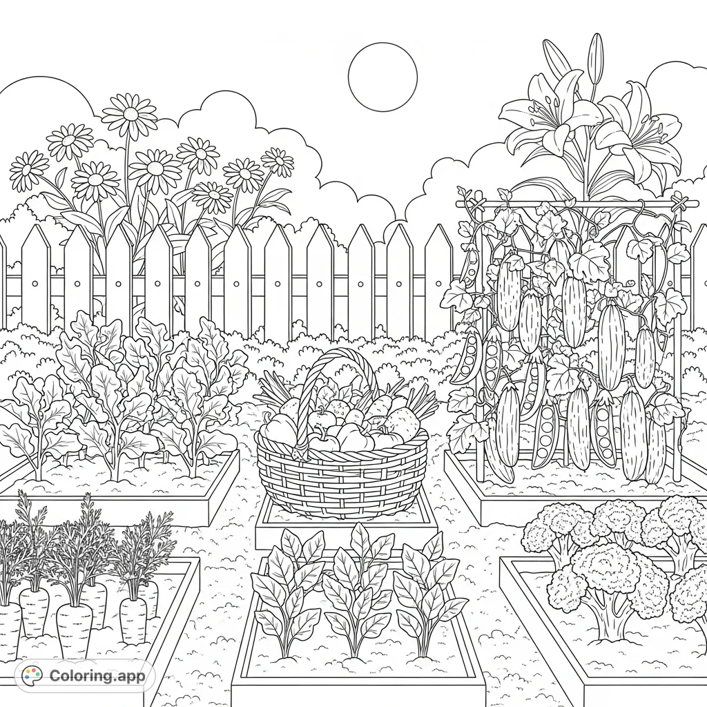 Explore a charming garden bursting with vegetables, beautiful flowers, and a basket full of fresh harvest. Perfect for a delightful coloring experience.