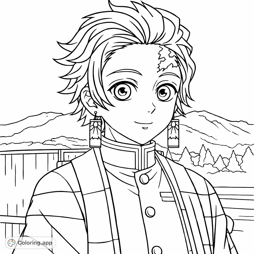 Color a detailed portrait of a kind-faced anime character with unique forehead markings and patterned earrings, set against a simple natural background.