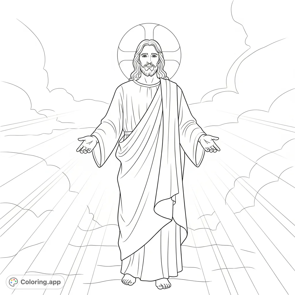 Discover hope with this inspiring Jesus coloring page. Featuring Jesus with outstretched arms amidst emanating light, symbolizing peace and divine guidance.