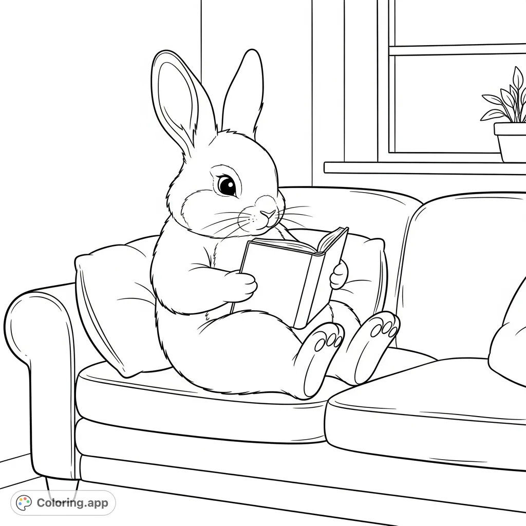 A delightful bunny enjoys a quiet moment, deeply engrossed in a book on a comfy couch in a cozy indoor setting. Perfect for a relaxing coloring session.