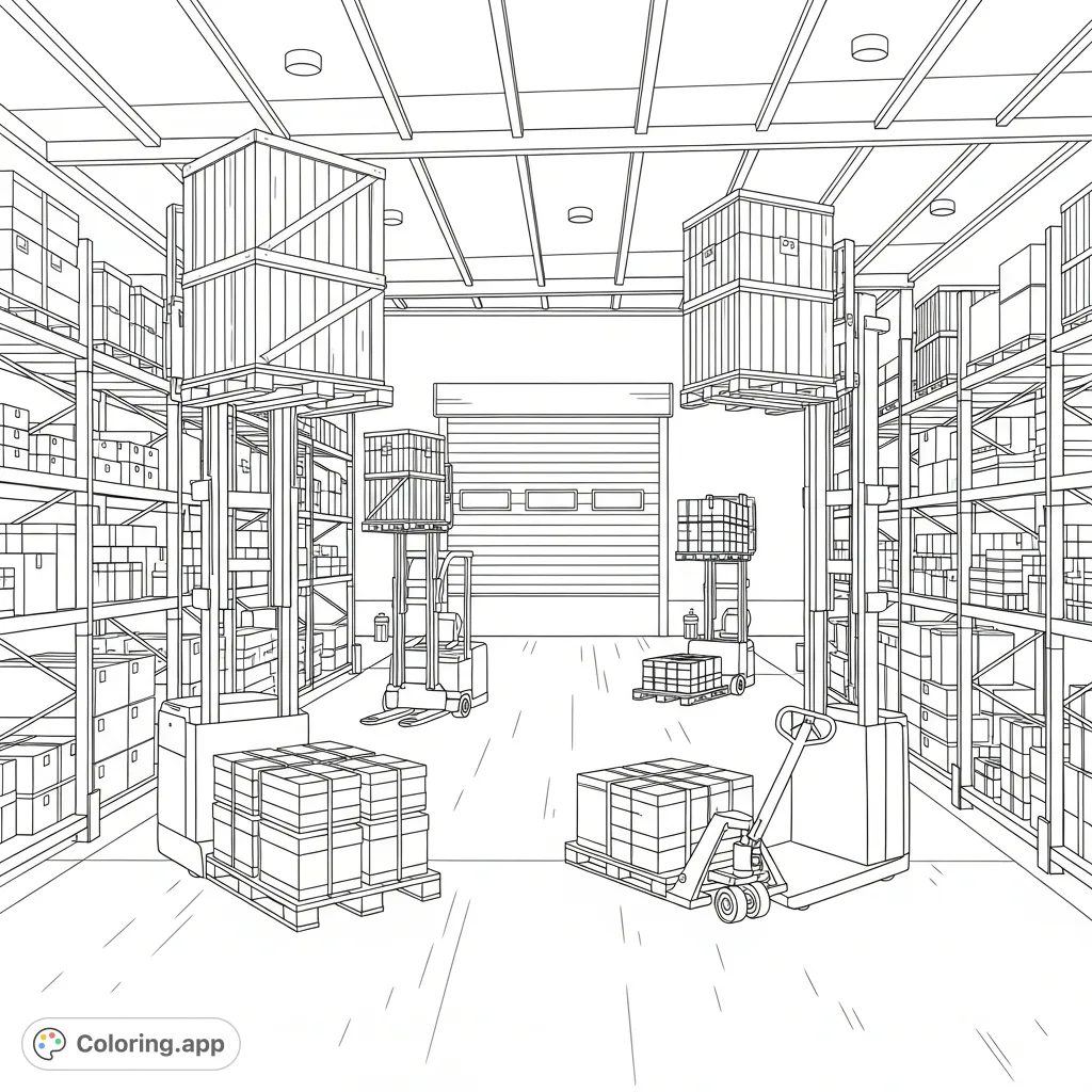Explore a dynamic warehouse scene featuring forklifts, pallet jacks, and stacked crates. A detailed industrial setting for a captivating coloring experience.