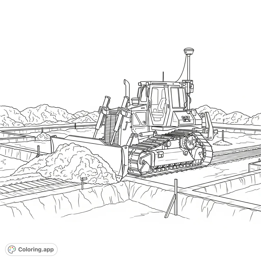 Powerful CAT D5 dozer with Trimble GPS precisely grades a house foundation. Detailed construction scene for vehicle enthusiasts and aspiring builders.