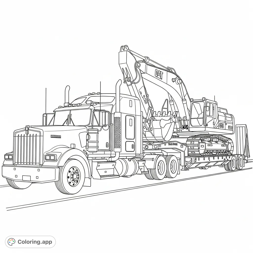 A powerful Kenworth W900 truck with a tag axle transports a massive Cat 395 excavator on a heavy-duty Trail King lowboy trailer, depicting a robust heavy haul scene.