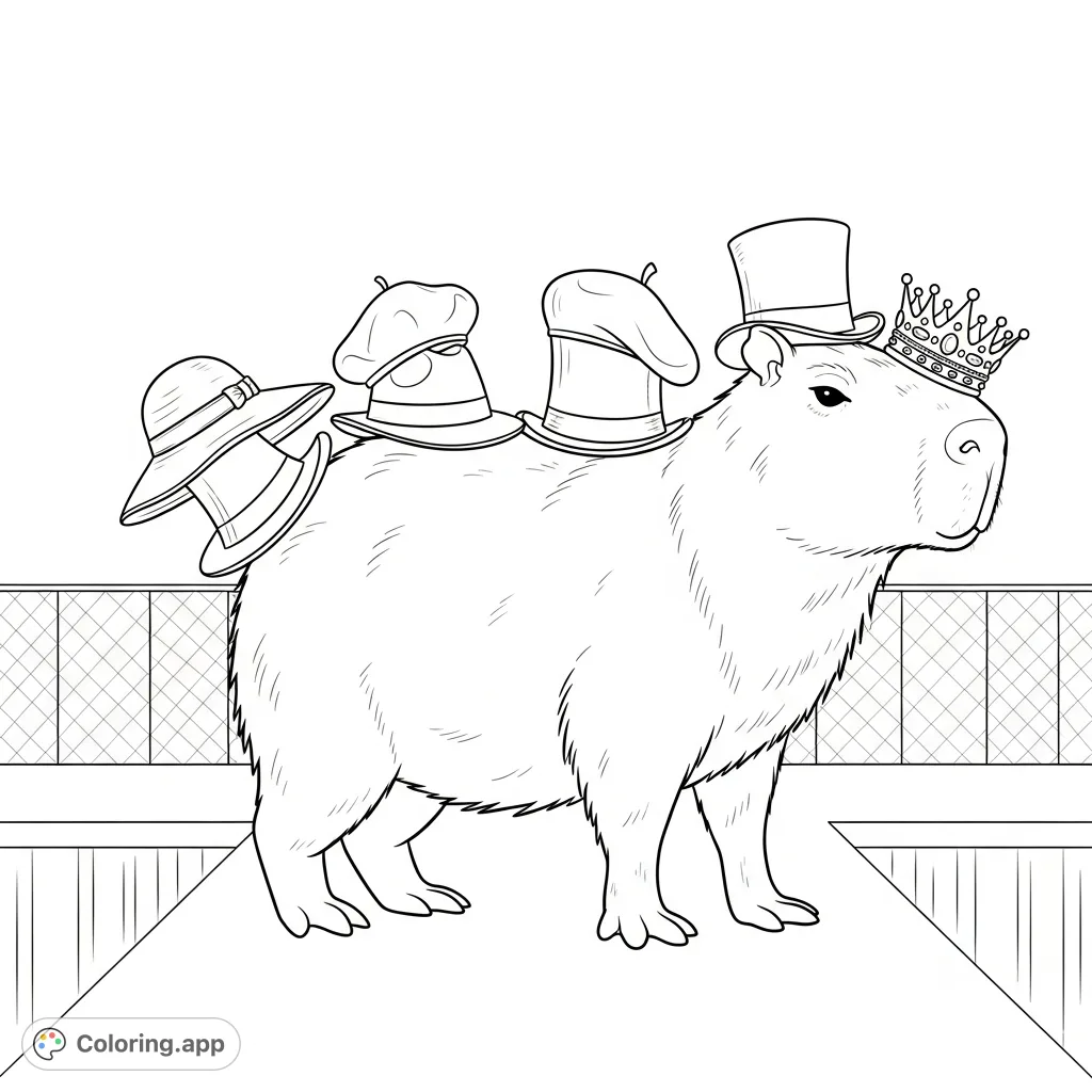 Step into the whimsical world of a capybara fashionista trying on an array of stylish hats. A charming and unique animal coloring page experience!