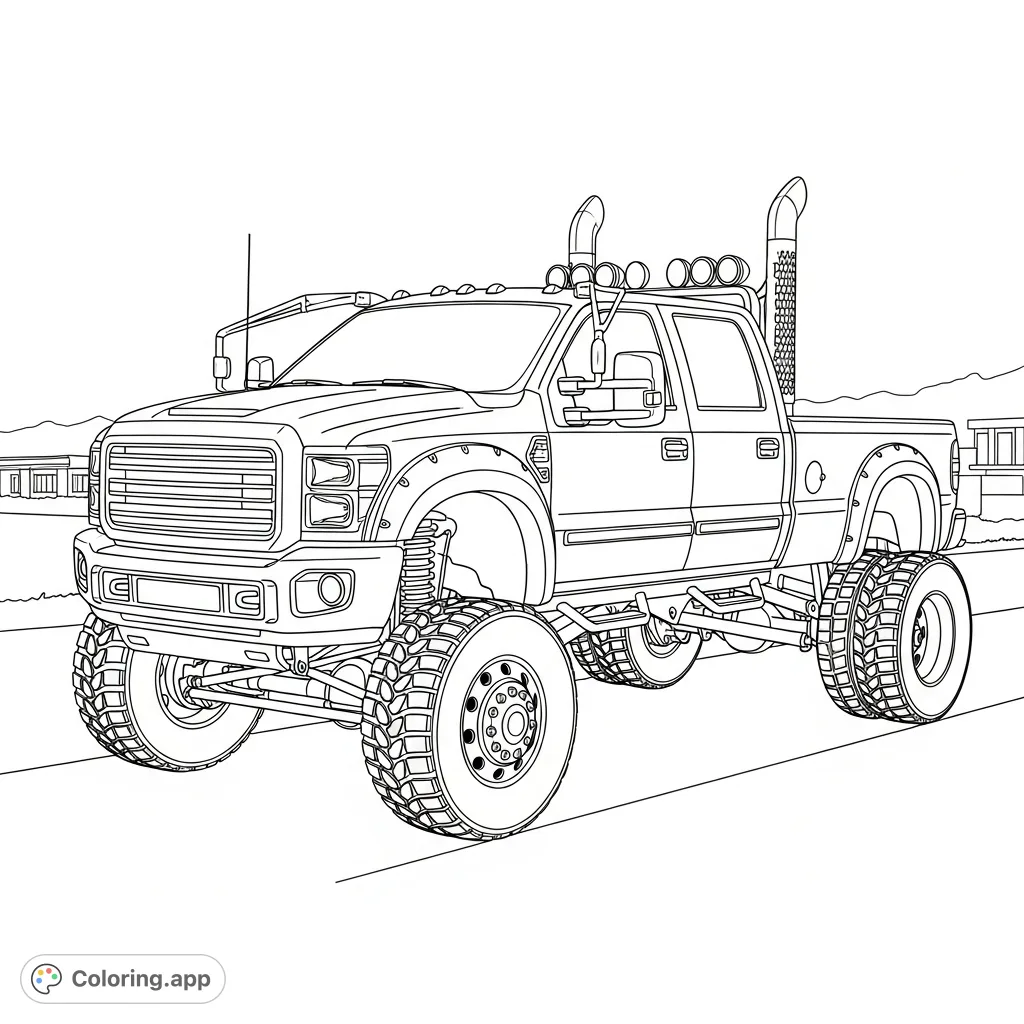Color a powerful, heavy-duty pickup truck with an elevated chassis, aggressive tires, and tall exhaust stacks. A challenging vehicle coloring page for enthusiasts.