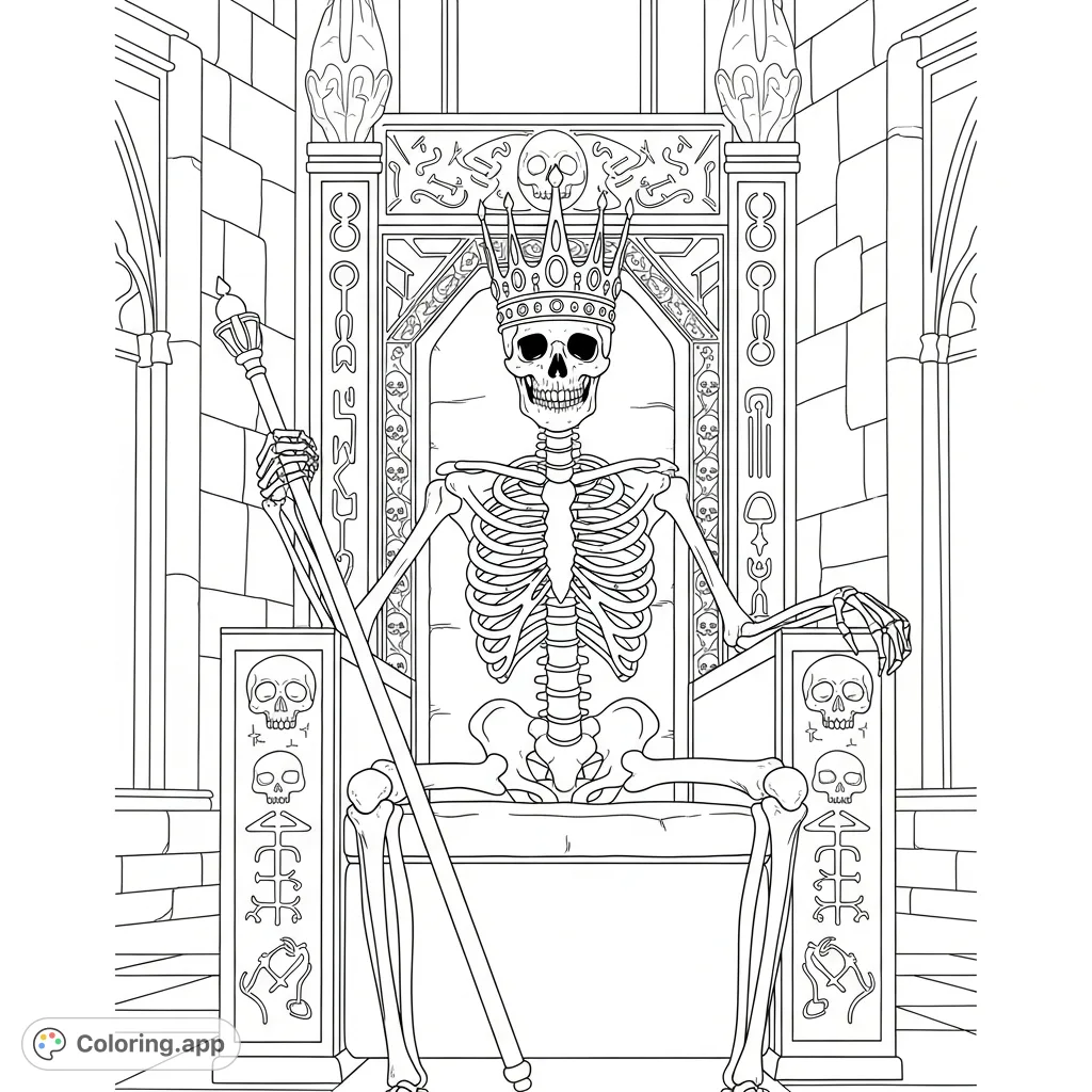 An intricate skeleton king coloring page, featuring a majestic crowned monarch seated on a grand, ornately carved throne within a vast hall.