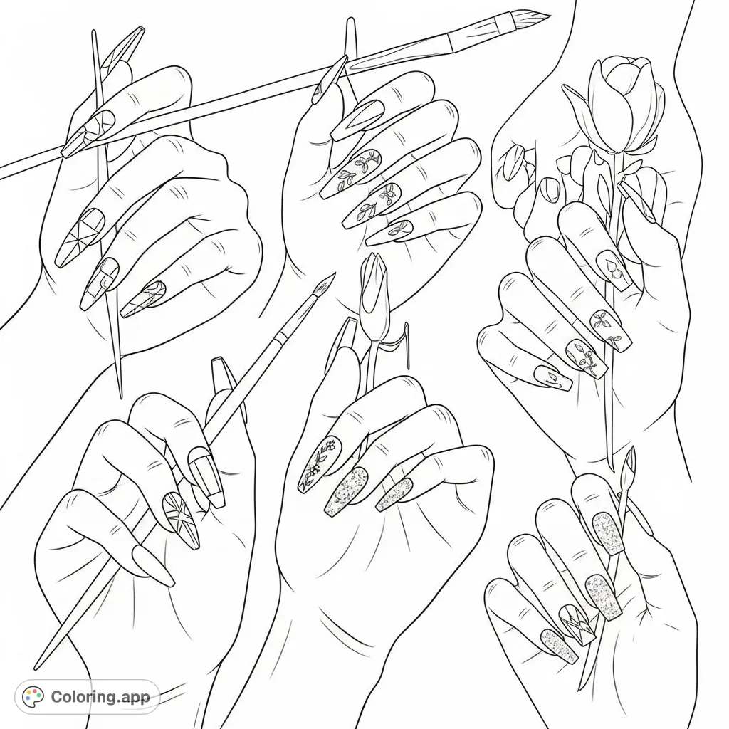 Explore diverse fake nail designs, from elegant shapes to intricate patterns, on multiple hands. Perfect for nail art enthusiasts and aspiring artists.