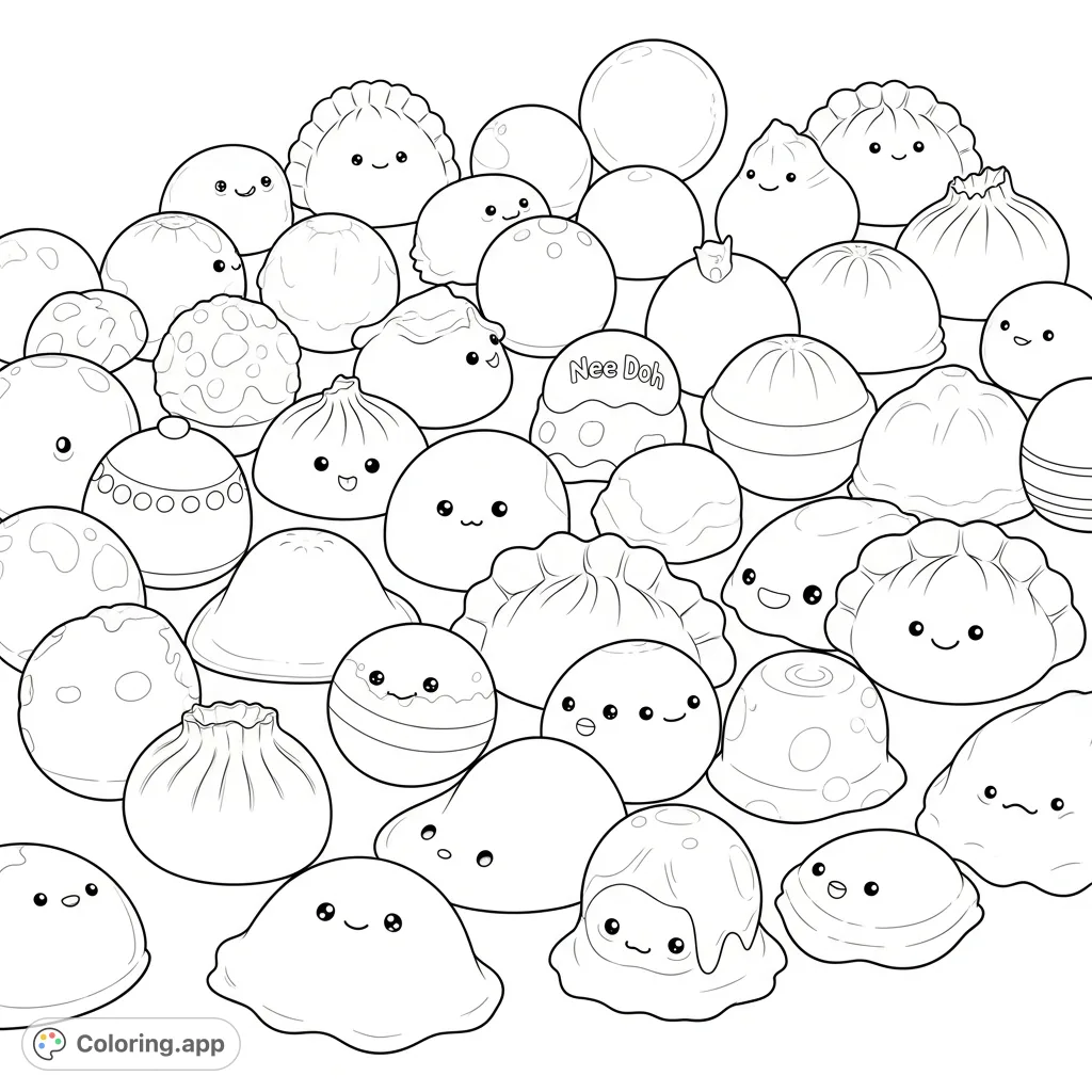 Discover a delightful assortment of Nee Dohs, Squeezys, and charming squishy toys, including dumplings, arranged for a fun and relaxing coloring experience.