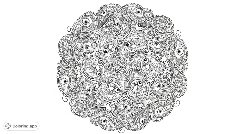 Discover a captivating mandala adorned with intricate paisley patterns, where whimsical cute faces and eyes are subtly hidden within the swirling designs, inviting a detailed coloring journey.