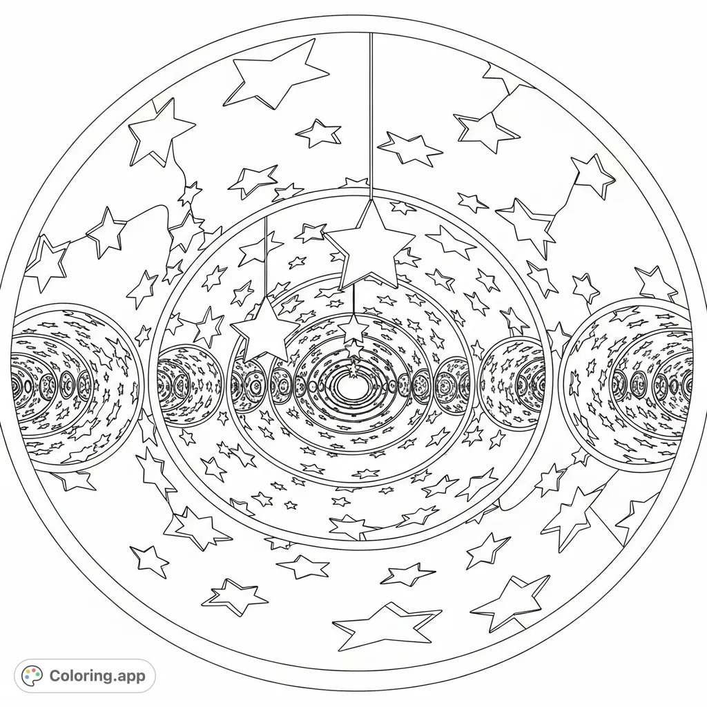 Explore a mesmerizing cosmic tunnel coloring page with converging circular pathways and a multitude of floating stars, offering an immersive escape into illusionary depth.