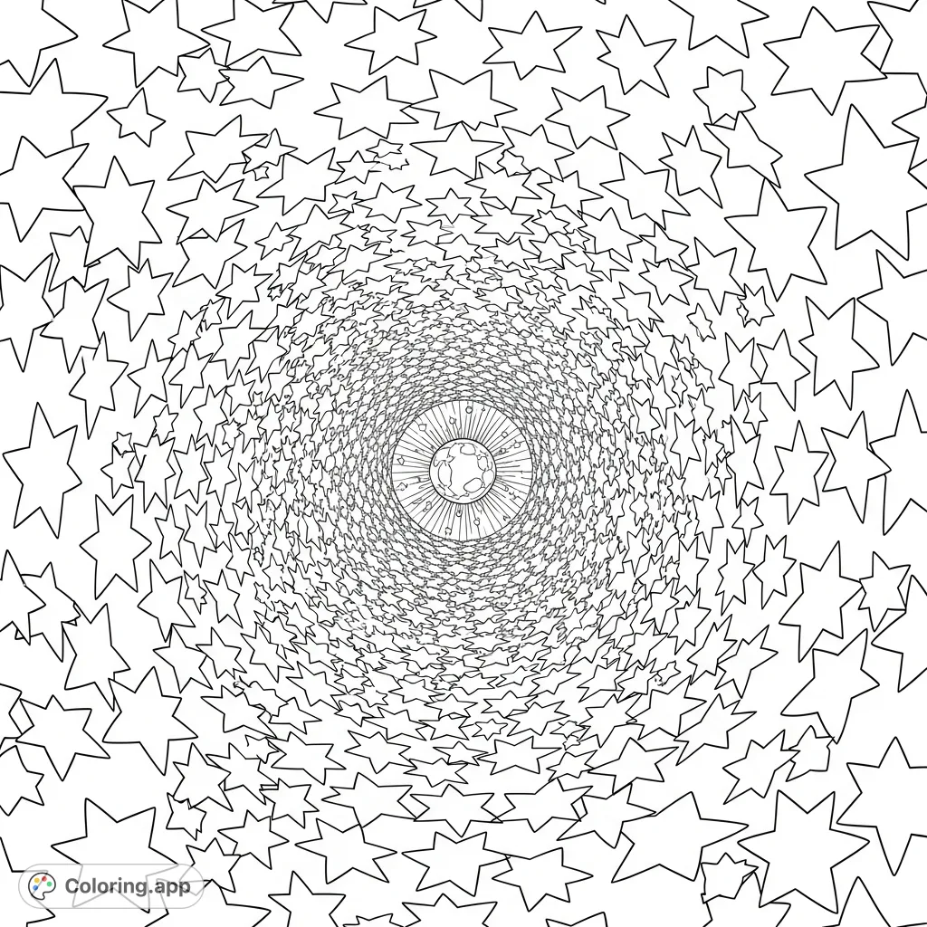 Explore a vast space tunnel adorned with intricate star patterns, leading to a radiant light. A captivating cosmic journey on a free printable coloring page.