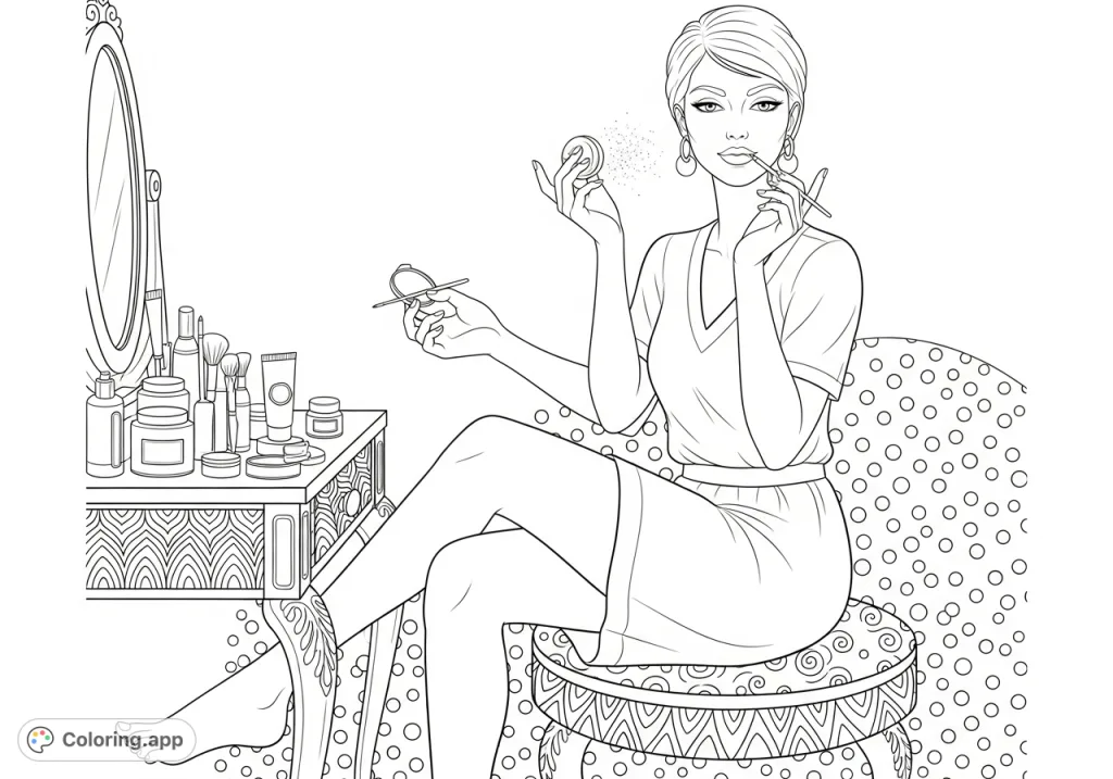 An elegant woman engages in classic beauty rituals, showcasing poise and meticulous self-care. A detailed scene for a sophisticated coloring experience.