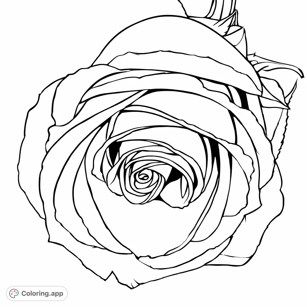 Color this exquisite rose blossom, featuring intricately layered petals and delicate details, resting on a textured surface. A beautiful floral coloring page.
