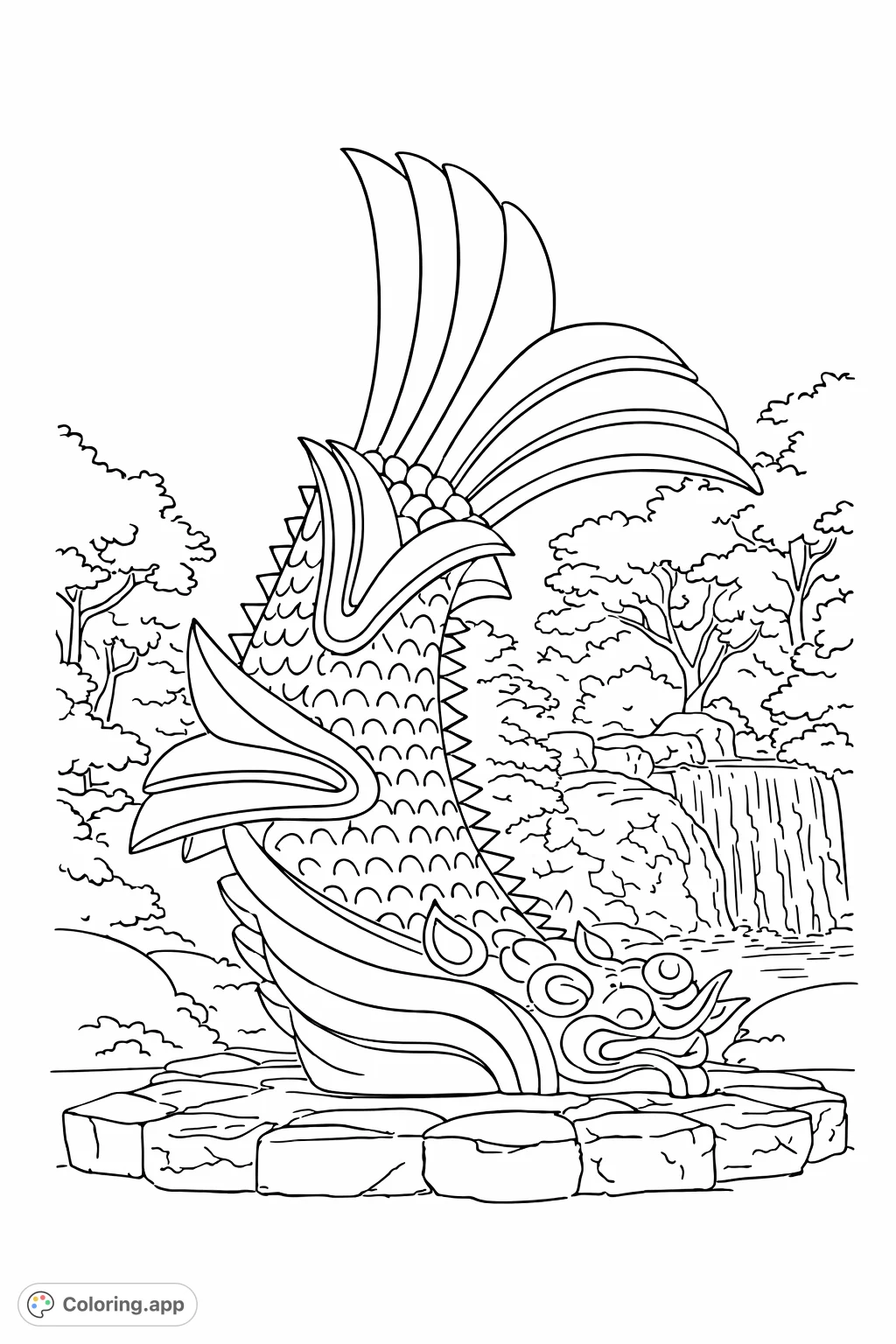 Dive into an ancient legend with this dragon fish coloring page. Featuring intricate scales and flowing fins, set against a tranquil waterfall and lush garden.