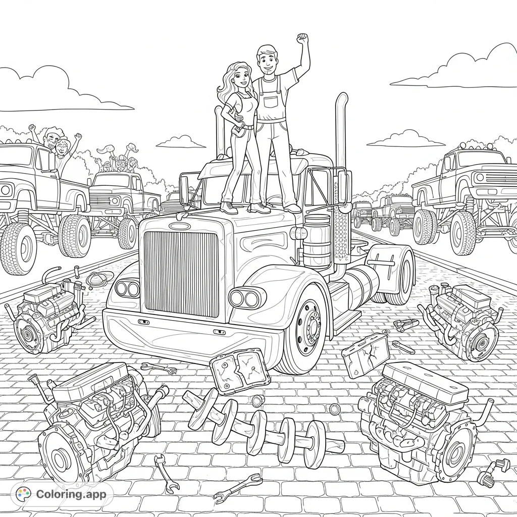 Celebrate victory with a mechanic and his girlfriend atop a custom classic semi-truck, surrounded by defeated engines and a parade of vintage vehicles.