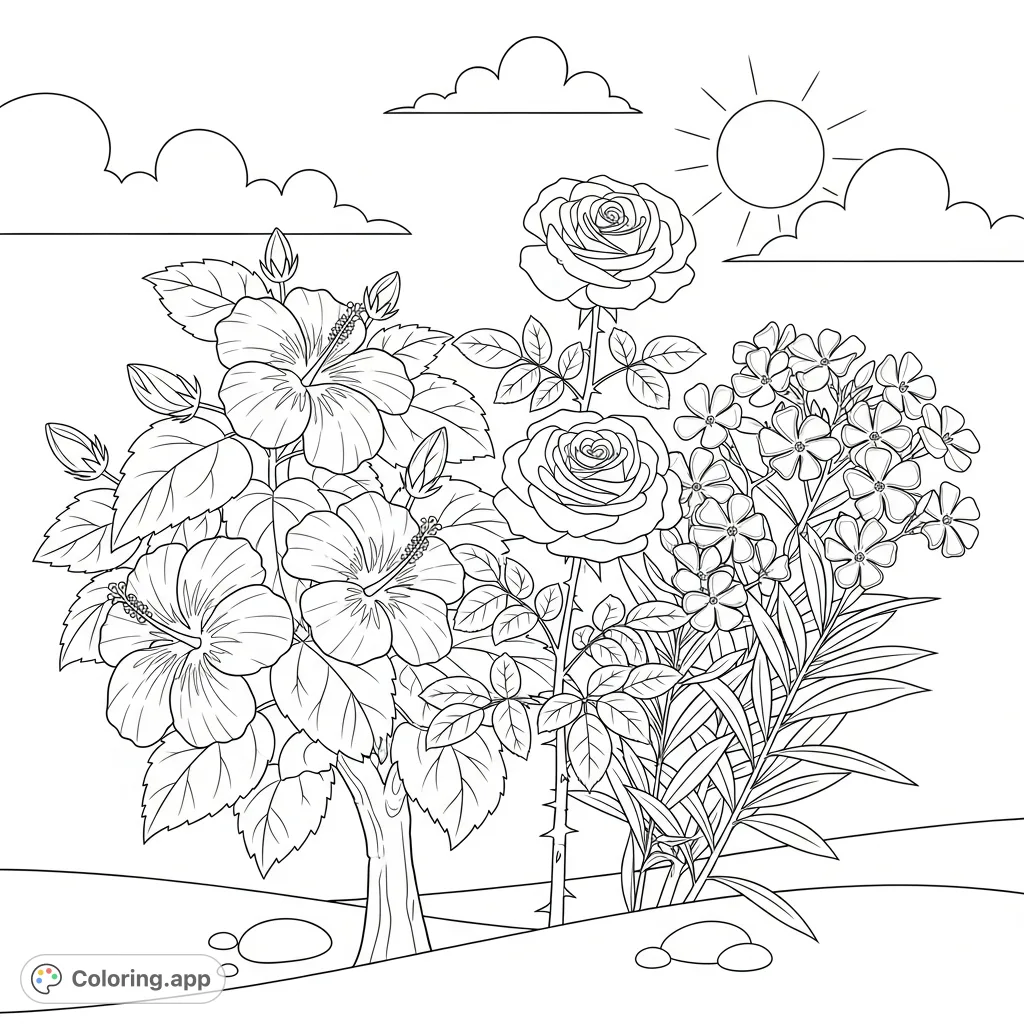 Discover a charming Maldivian flower garden coloring page featuring hibiscus, roses, and oleander in a delightful cartoony style. Perfect for nature lovers!