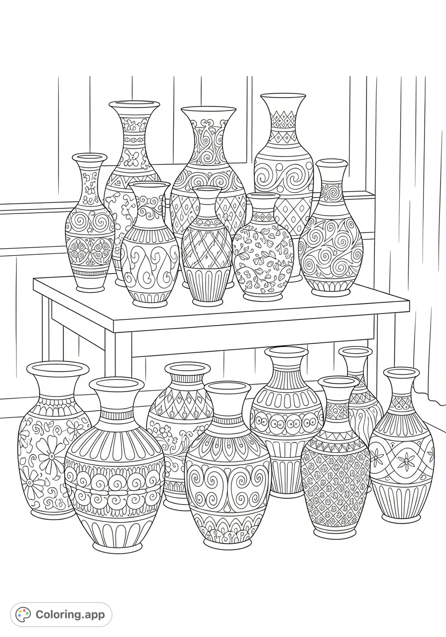 Discover a charming array of traditional Maldivian liyelaa vases, each adorned with intricate patterns, neatly arranged on a table. A delightful cultural coloring page.