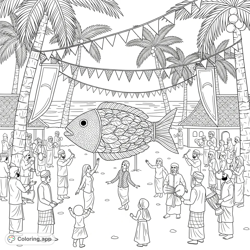 Experience a vibrant Maldivian Eid celebration coloring page! Features a traditional bodumas fish, festive crowds, palm trees, and ocean views.