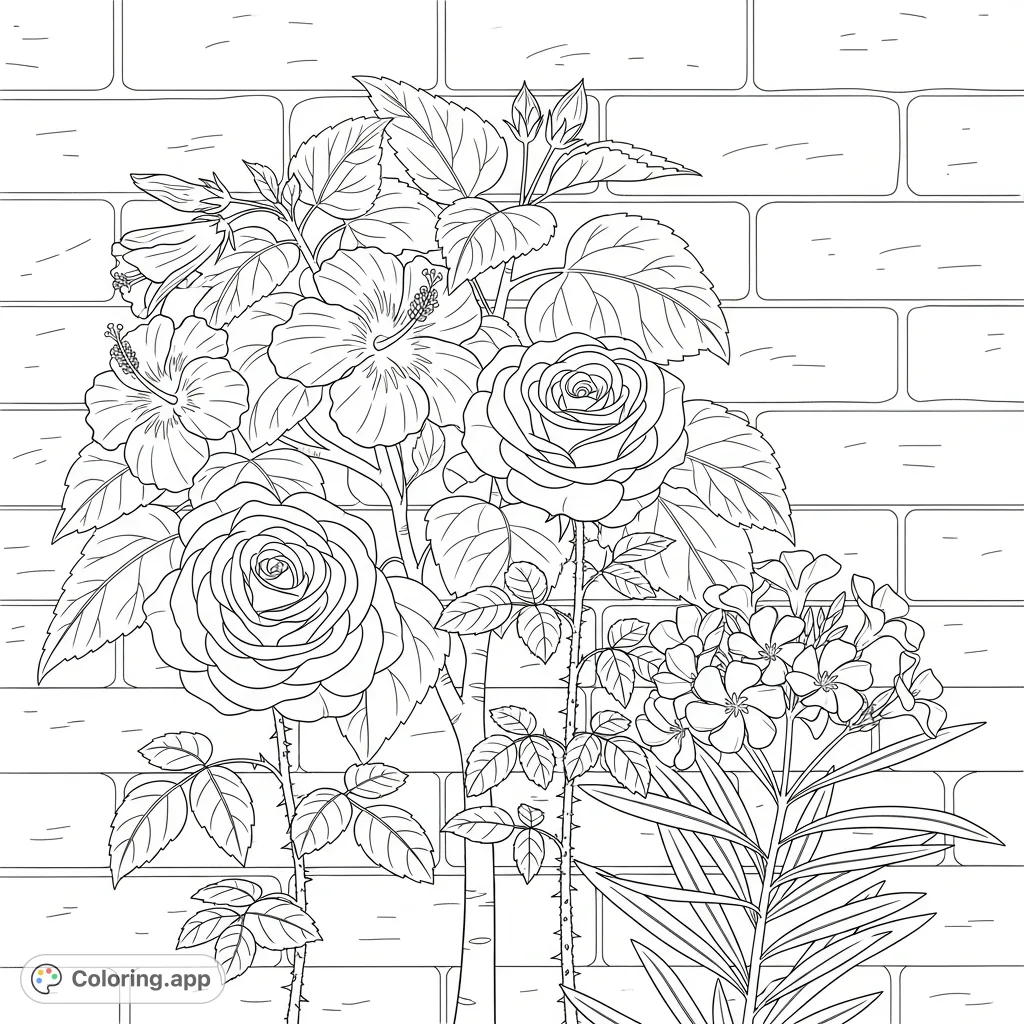 A charming Maldivian flower garden scene featuring a prominent hibiscus tree, a detailed rose plant, and an oleander with a textured brick wall background.