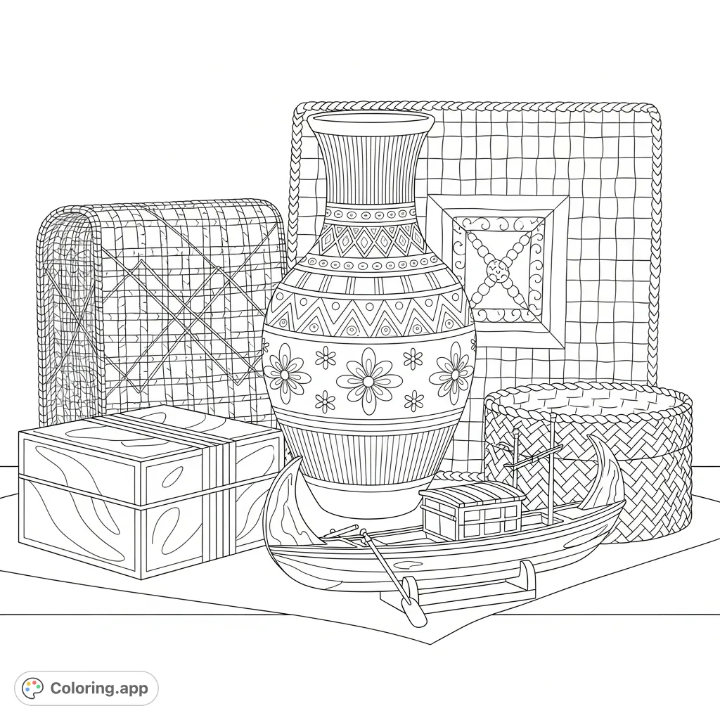 Discover Maldivian heritage with this intricate traditional crafts coloring page. Featuring a liyelaa vase, woven mat, and lacquerware box.