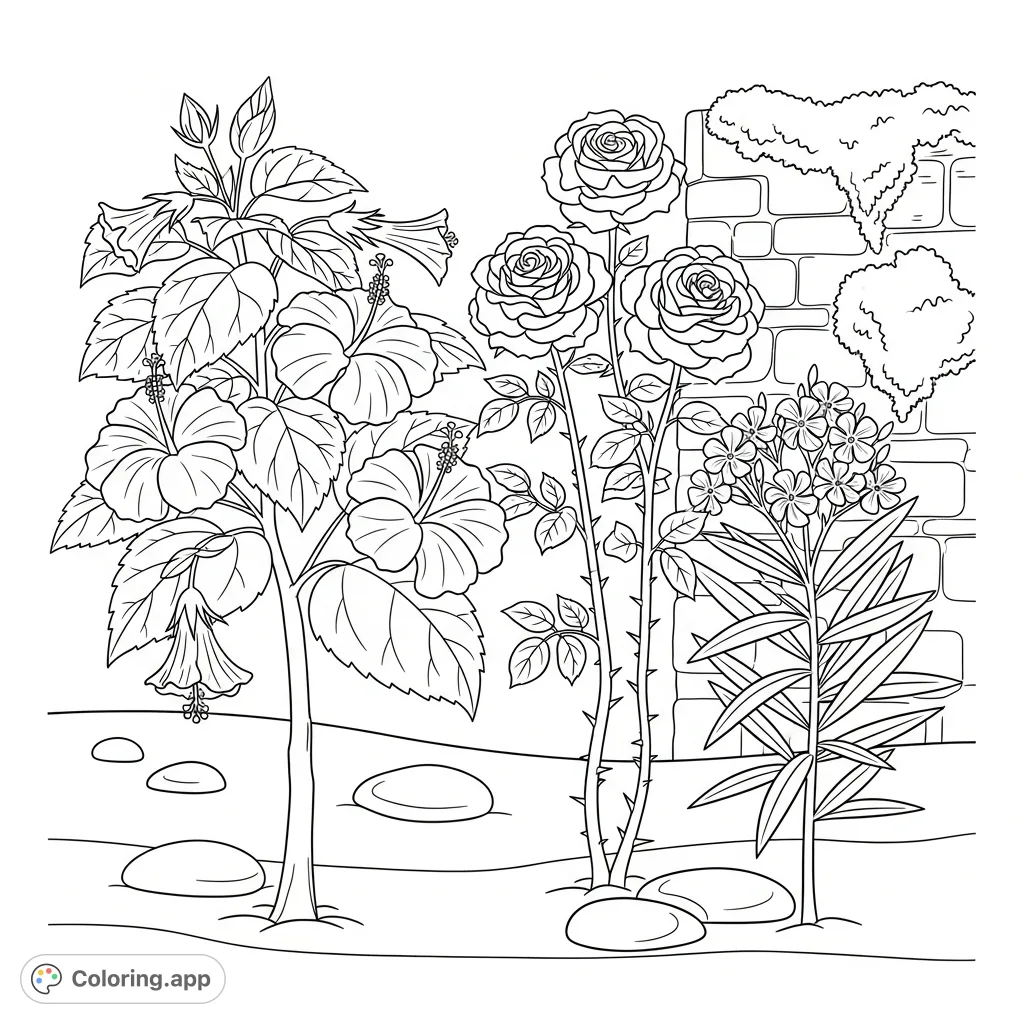 Explore a charming Maldivian flower garden with a hibiscus tree, rose plant, and oleander, set against a mossy wall. A delightful tropical scene for all ages.