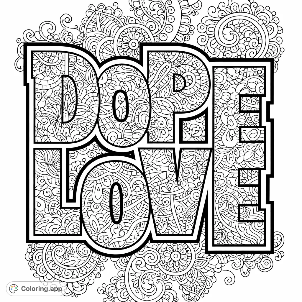 Explore intricate patterns within the bold 'DOPE LOVE' text and a decorative background. A detailed and engaging coloring page for creative expression.