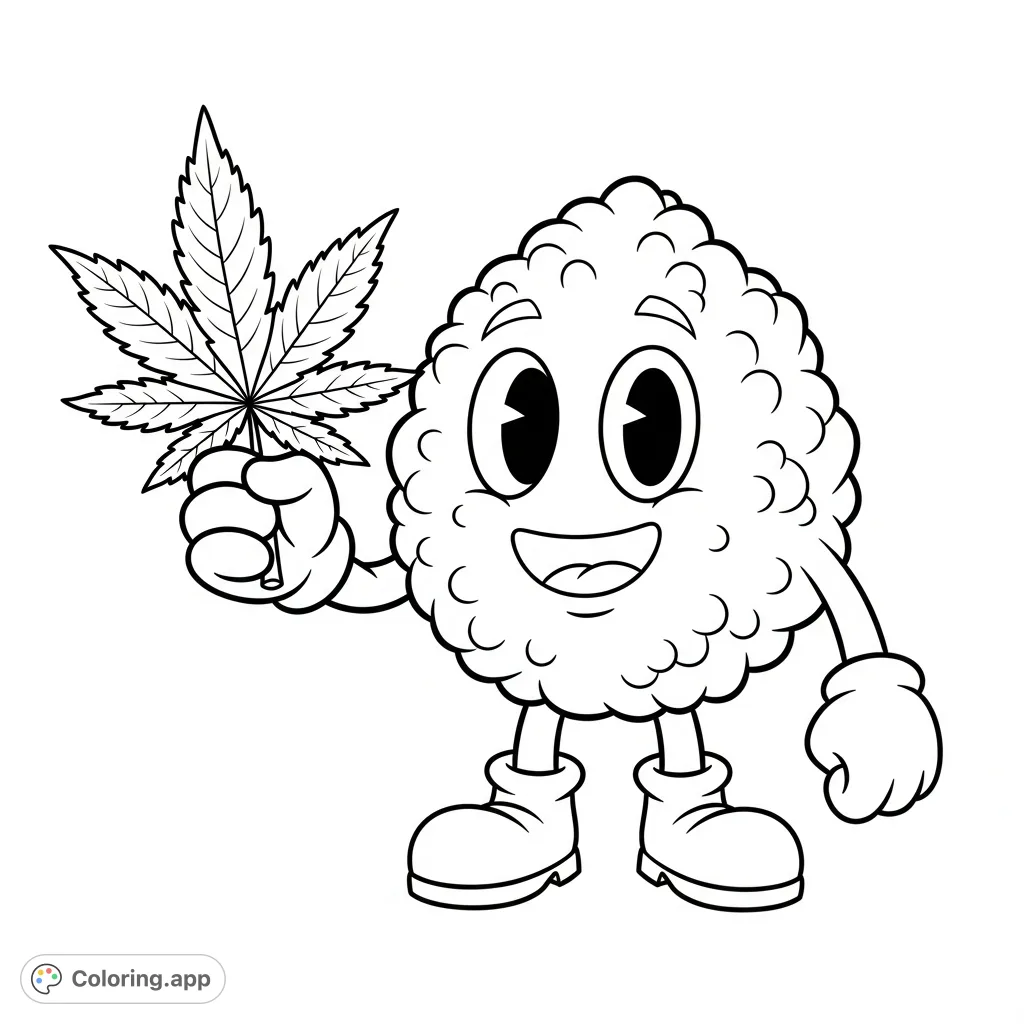 A charming cartoon weed bud with big, cute eyes and puffy gloves holds a prominent weed leaf, standing whimsically in chunky boots.
