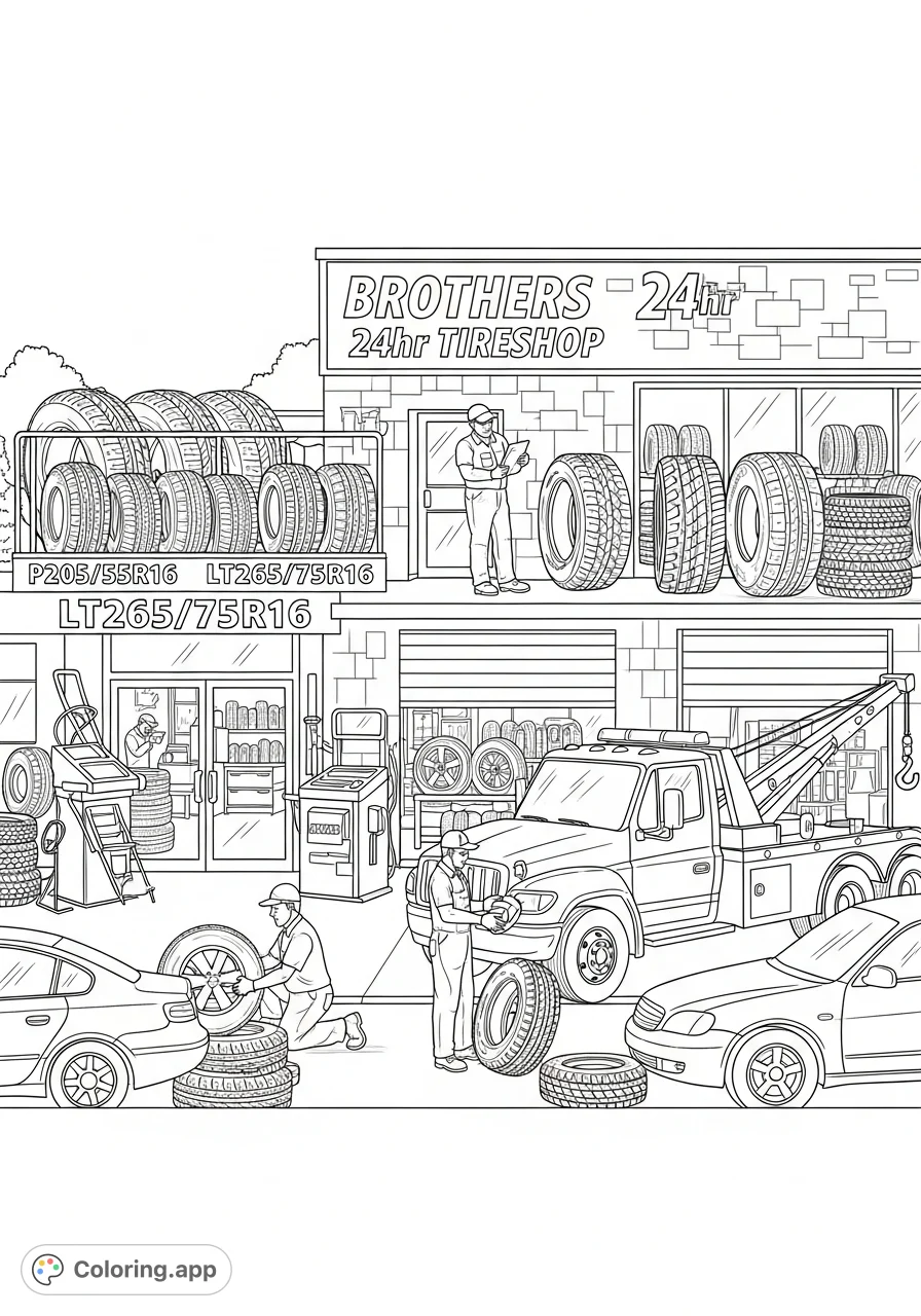 Explore the vibrant world of a tire shop with employees, vehicles, and a tow truck. A perfect free printable automotive coloring page for all ages!