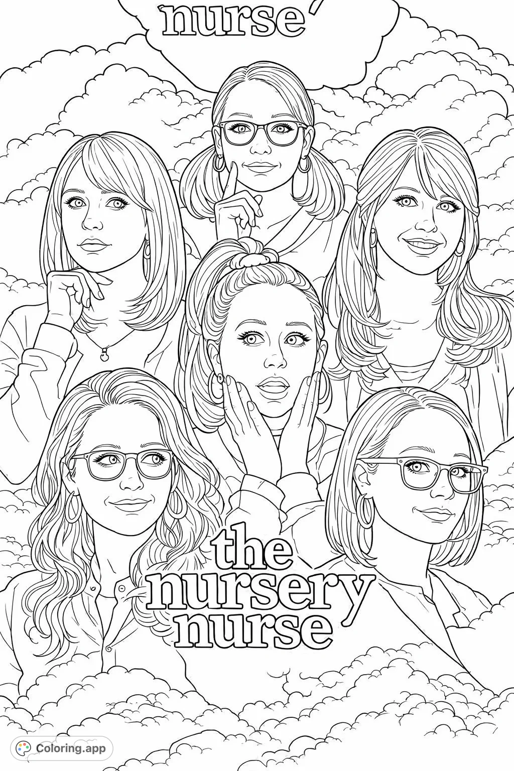Empowering collage of six distinct women's faces with unique expressions and styles. A detailed portrait coloring page for creative adults and teens.