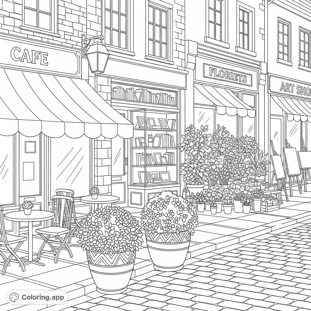 Explore a delightful cobbled street bustling with a charming cafe, a cozy bookshop, a vibrant florist, and an inviting art store.