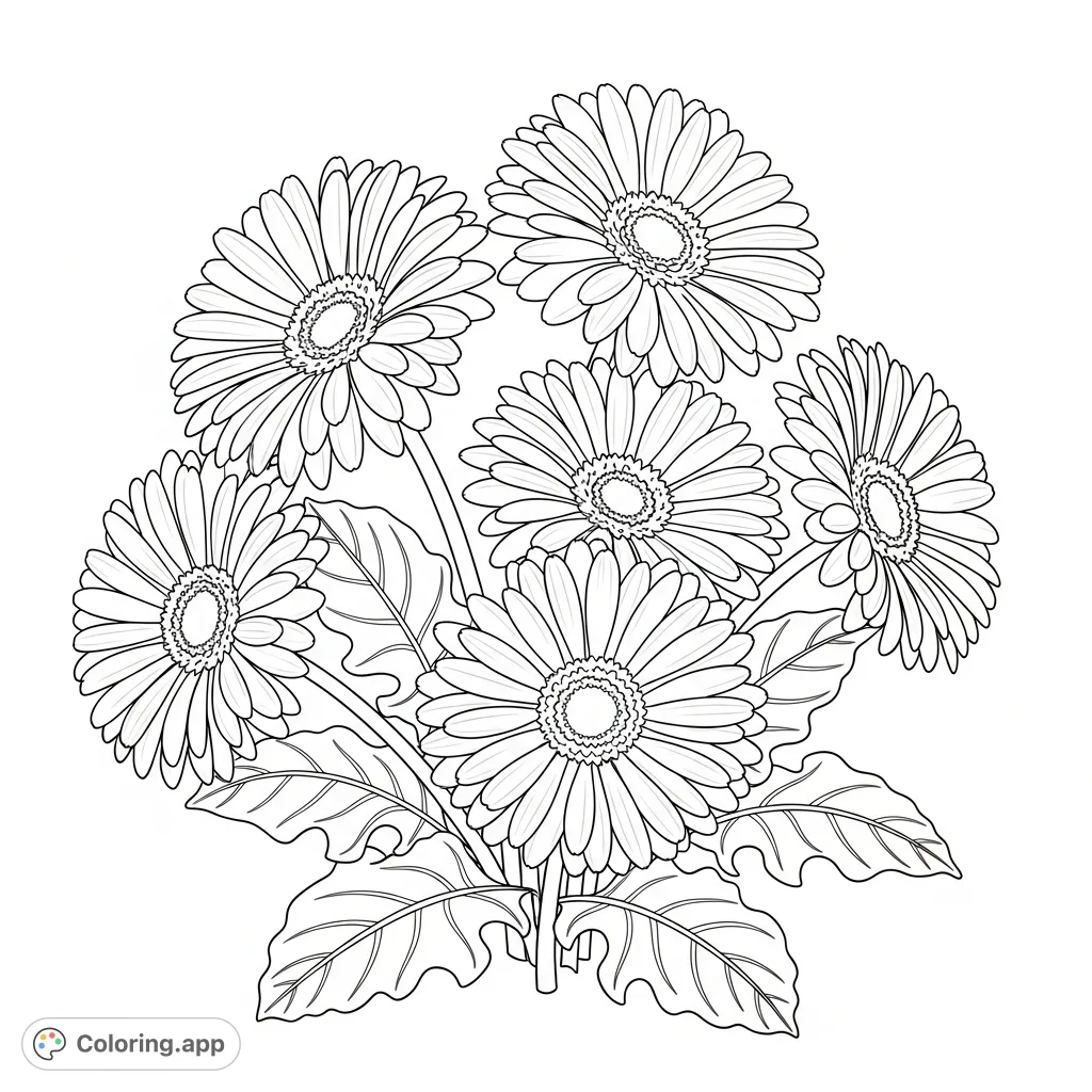 A delightful free printable gerberas coloring page featuring a bountiful bouquet of cheerful flowers, perfect for all ages to bring to life with vibrant hues.