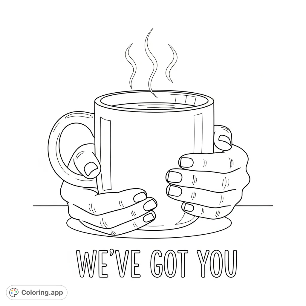 A comforting scene with two hands gently cradling a warm cup of tea, accompanied by the reassuring message "We’ve got you." Perfect for relaxation.